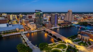 An aerial view of the downtown buildings in Grand Rapids, Michigan